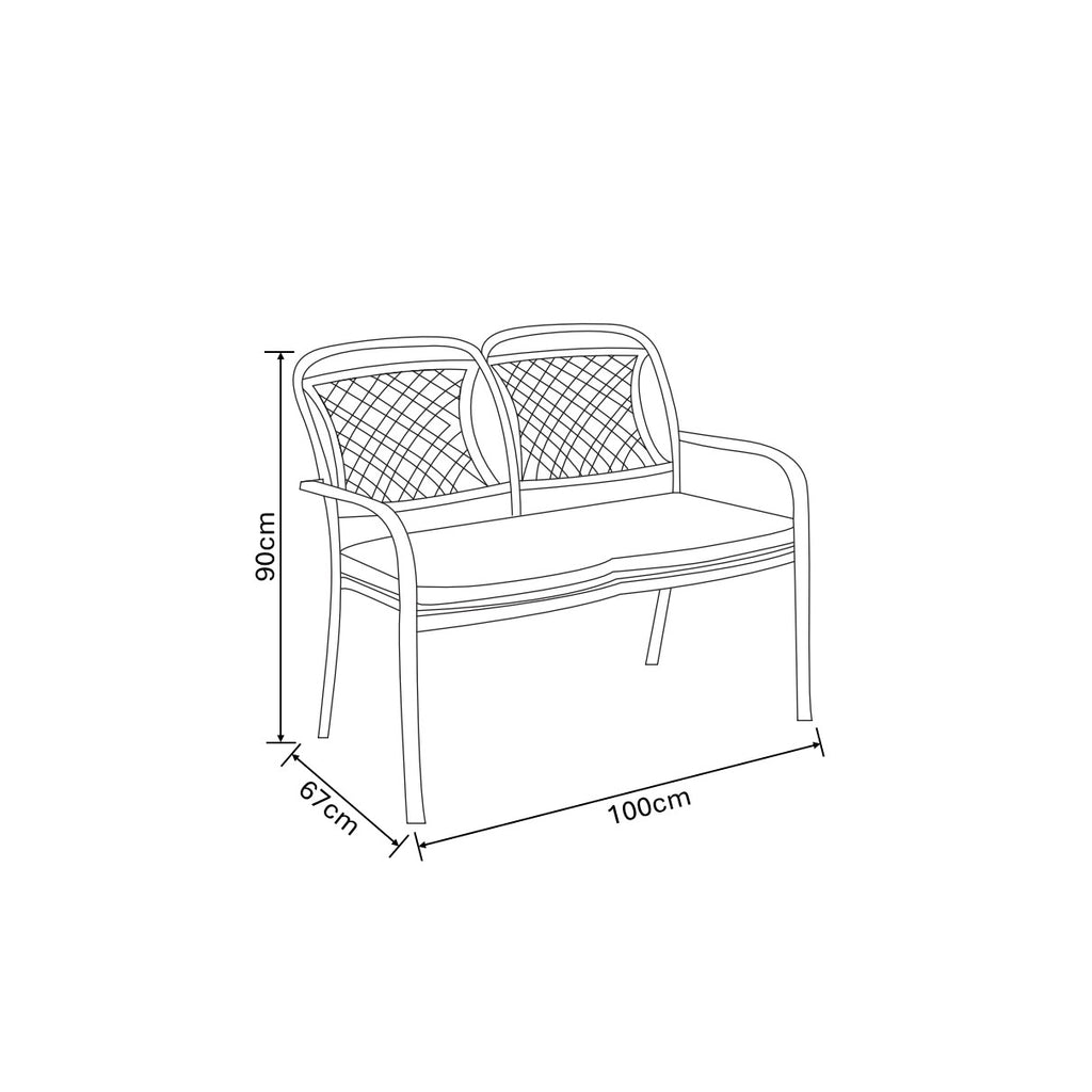 Black and white line drawing of a two-seater outdoor bench with dimension labels showing 90 cm height, 100 cm width, and 67 cm depth.