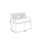 Black and white line drawing of a two-seater outdoor bench with dimension labels showing 90 cm height, 100 cm width, and 67 cm depth.