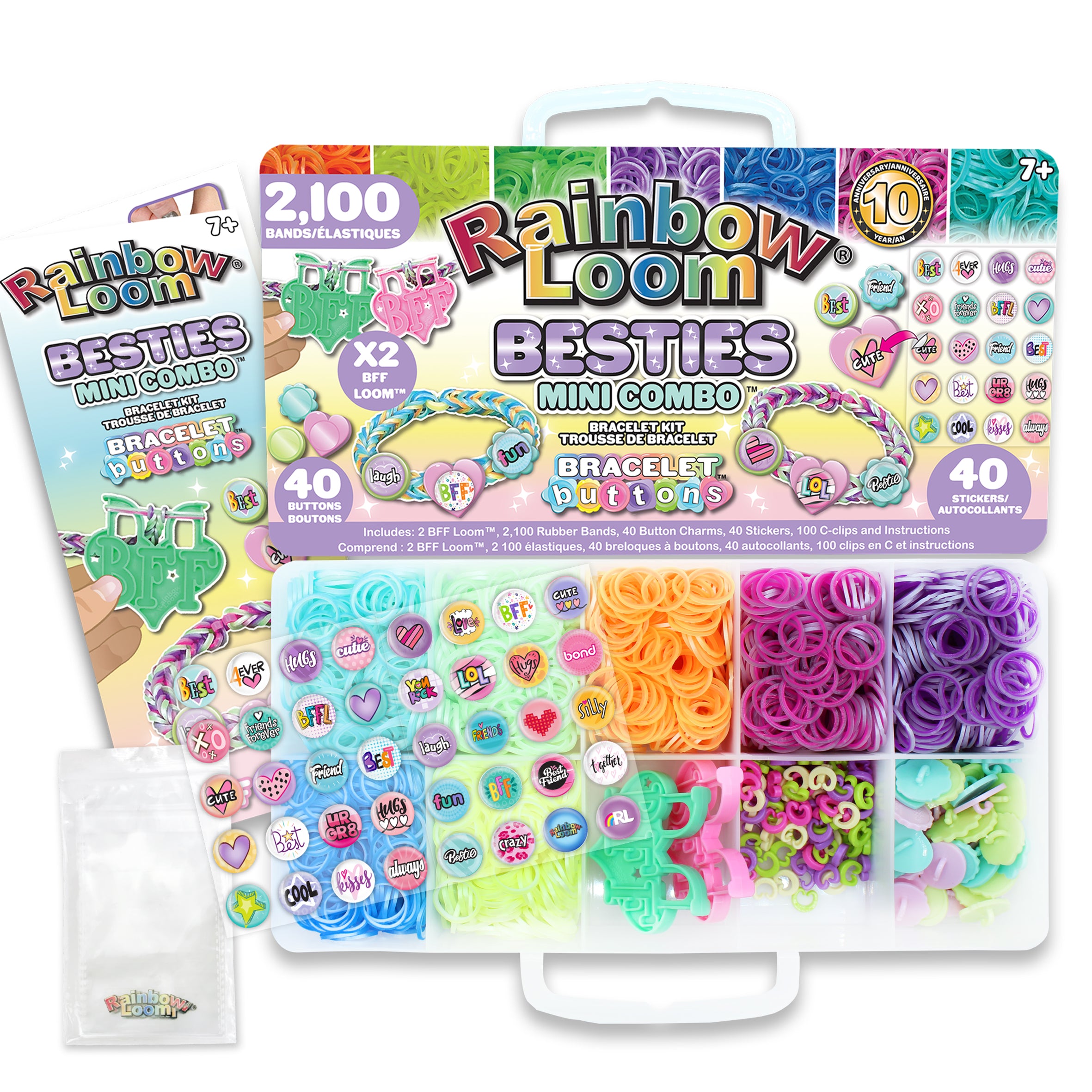 Rainbow Loom Besties Mini Combo set with rubber bands, charms, and buttons in a carrying case.