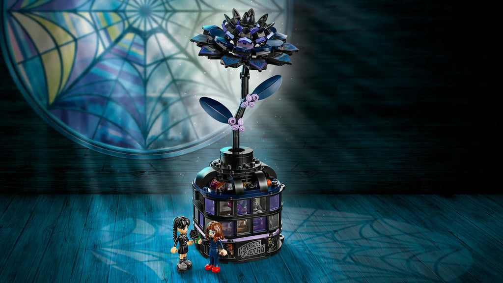 LEGO Wednesday Black Dahlia Flower set 76784 with black dahlia bloom and vase revealing hidden conservatory classroom, Wednesday Addams and Professor Thornhill minidolls
