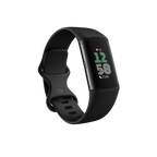 A black Fitbit Charge 6 Premium Fitness Tracker with a silicone band and a digital display showing time and fitness metrics.