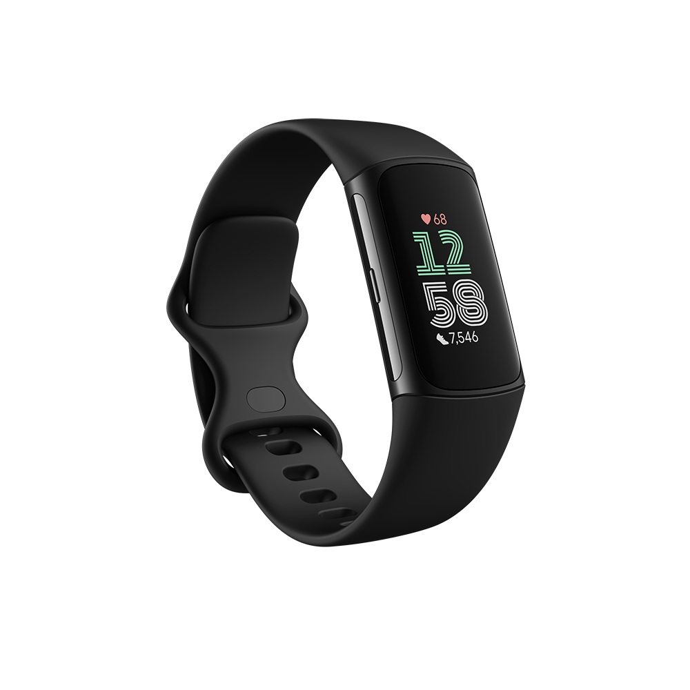 A black Fitbit Charge 6 Premium Fitness Tracker with a silicone band and a digital display showing time and fitness metrics.