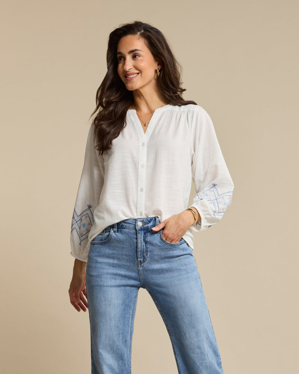 Red Button Embroidered Blouse | Blue Multi