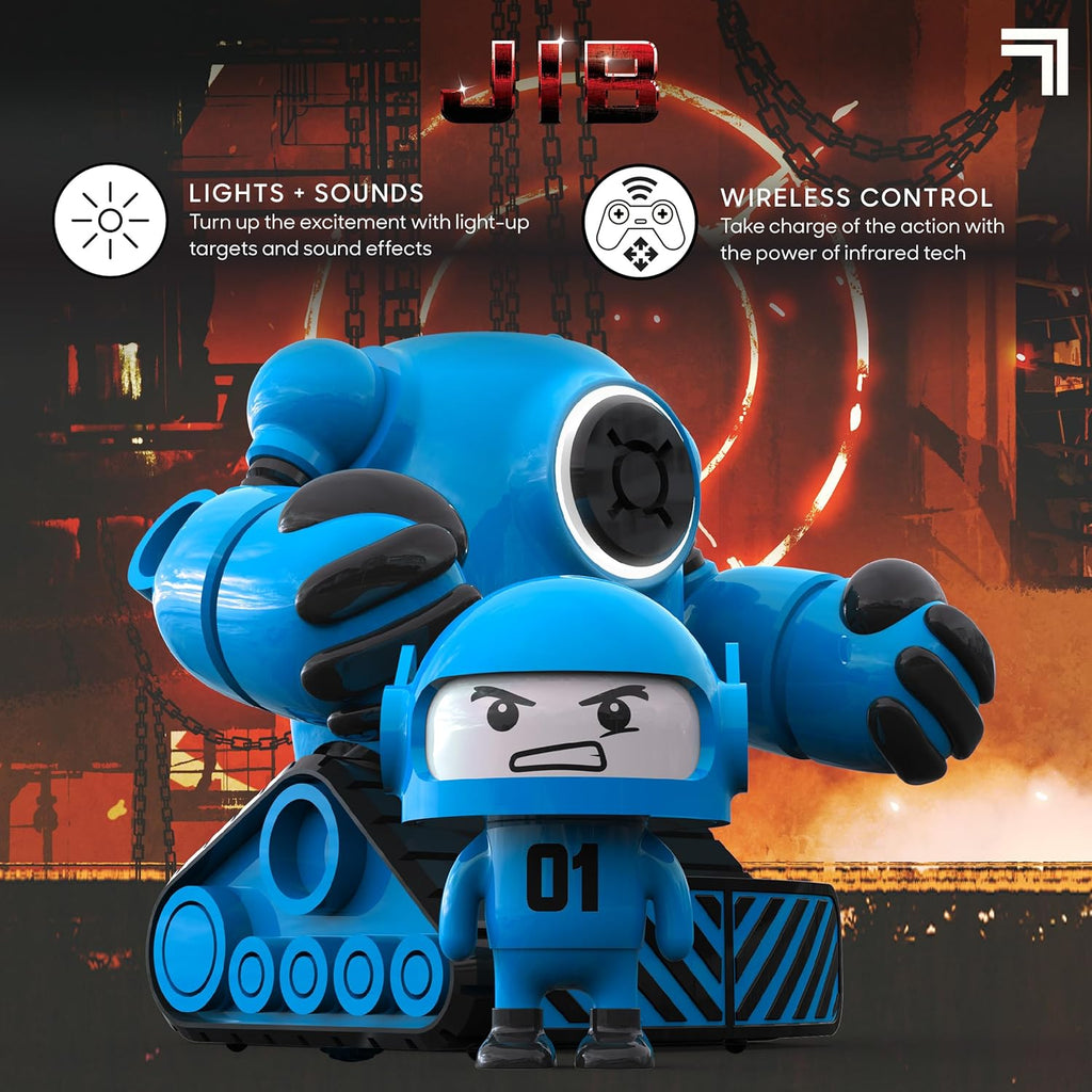 Blue toy robot with features like lights, sounds, and wireless control on a dark background.