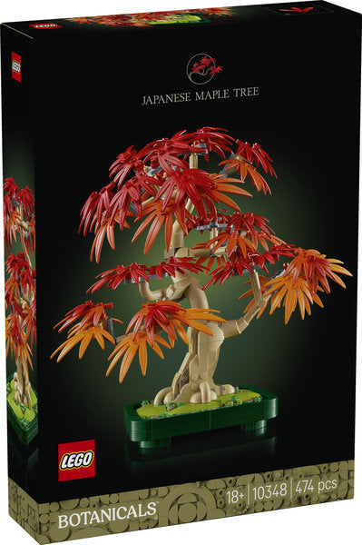LEGO Botanicals Japanese Maple Tree set packaging with tree and red leaves on a dark background
