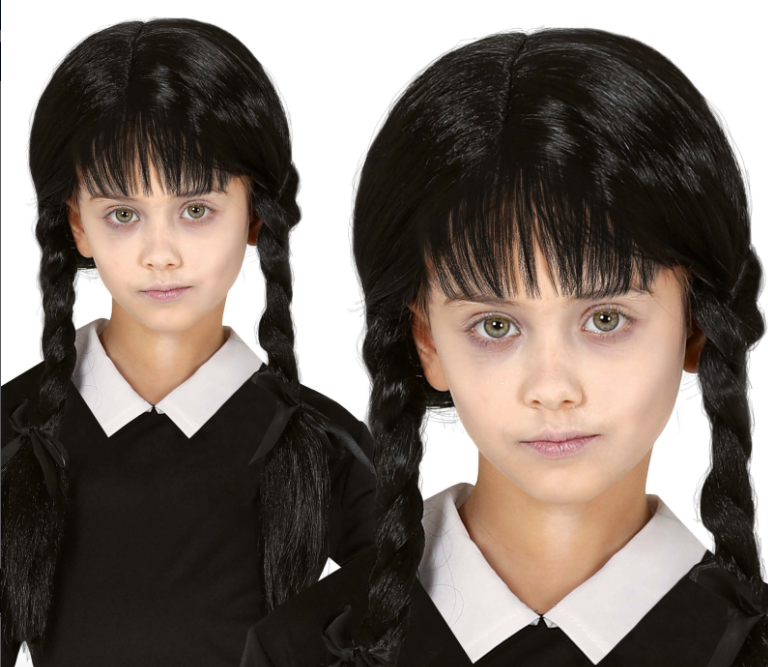 Two views of a person with black pigtails wearing a black outfit and white shirt.