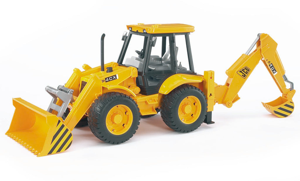A yellow JCB 4CX backhoe loader toy with black details, featuring a front loader, stabilizer legs, and a steering wheel.