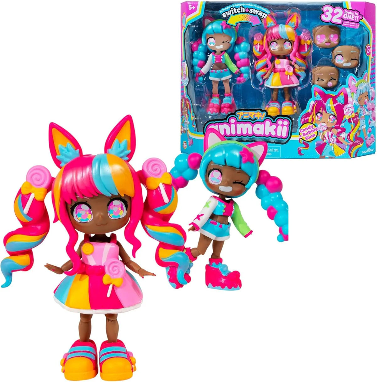Colorful toy dolls with switchable hairstyles and packaging on a white background