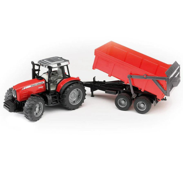 Red toy tractor with a red trailer on a white background