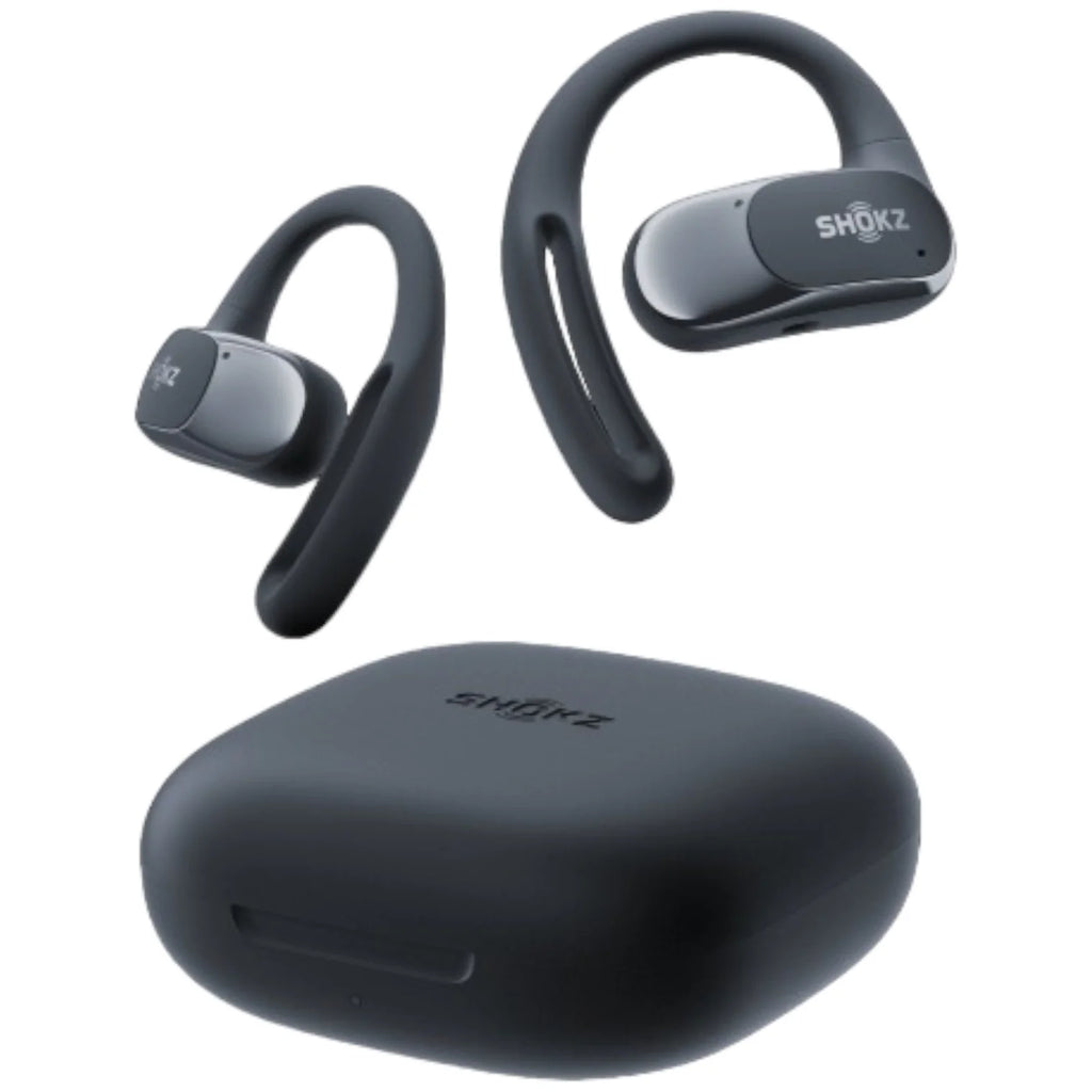 Shokz wireless earbuds with charging case on a white background