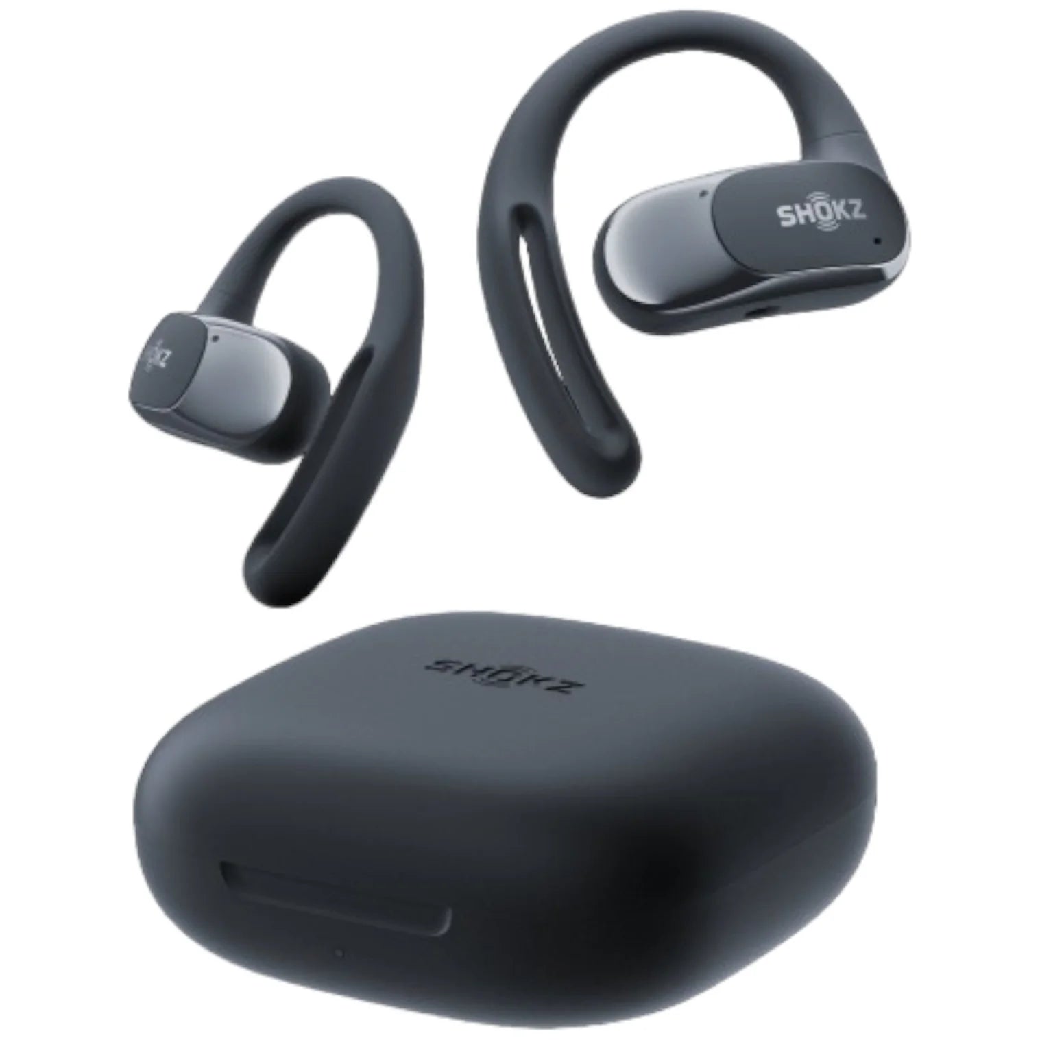 Shokz wireless earbuds with charging case on a white background
