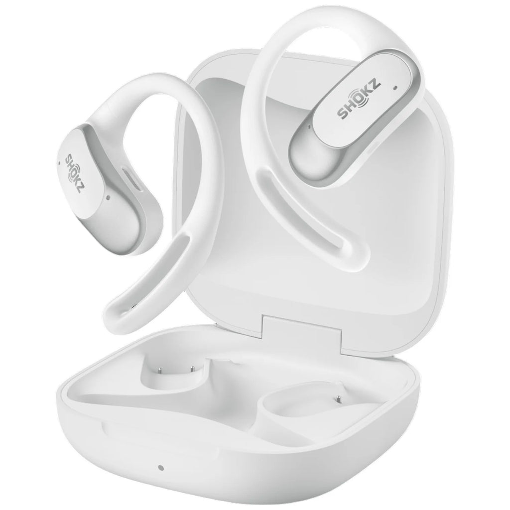 White wireless earbuds with charging case on a white background