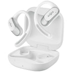 White wireless earbuds with charging case on a white background
