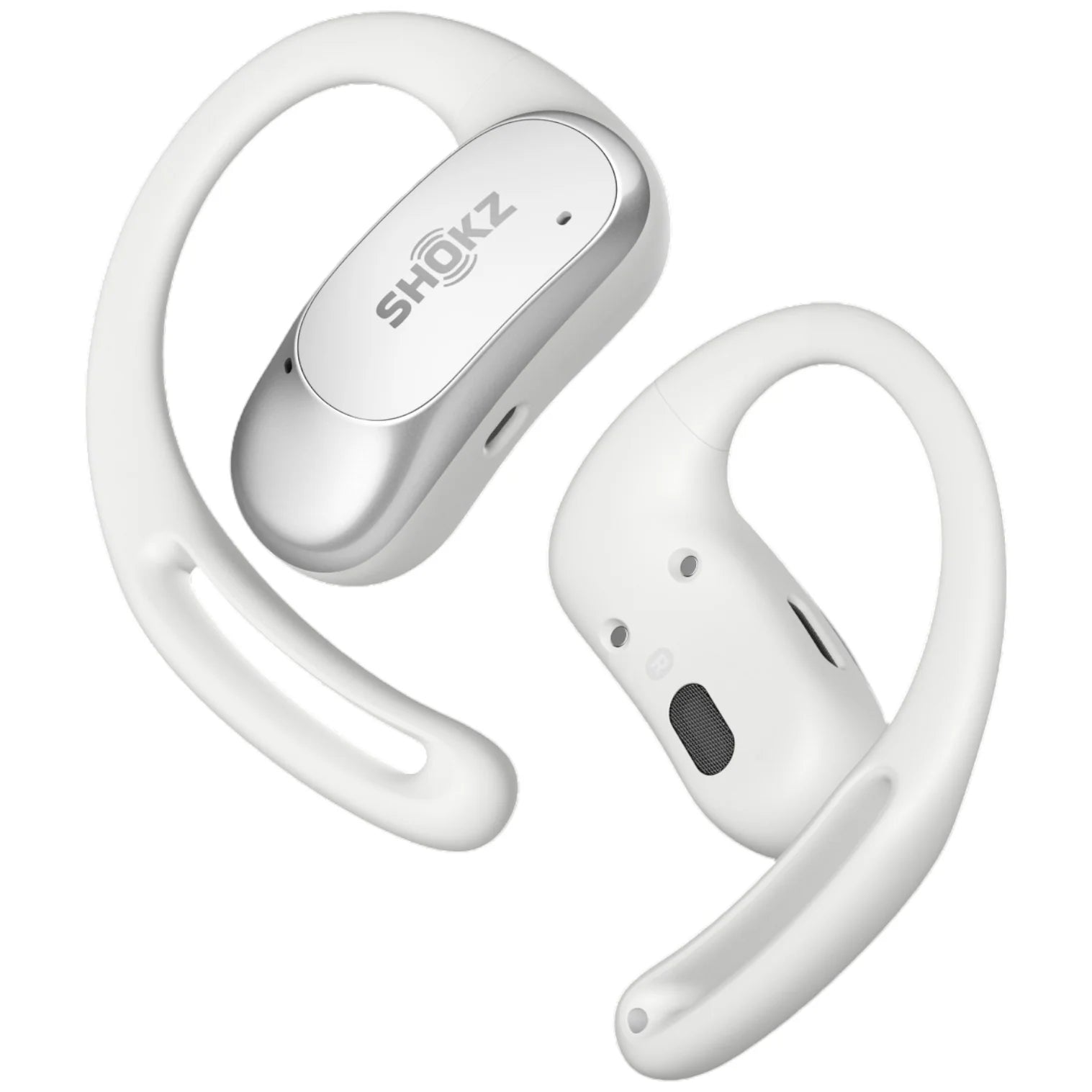 White SHOKZ wireless earbuds on a white background