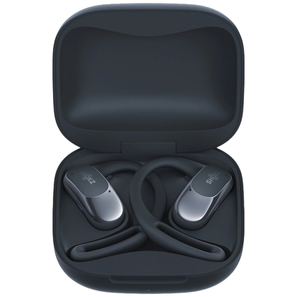 Black wireless earbuds in a matching case on a white background
