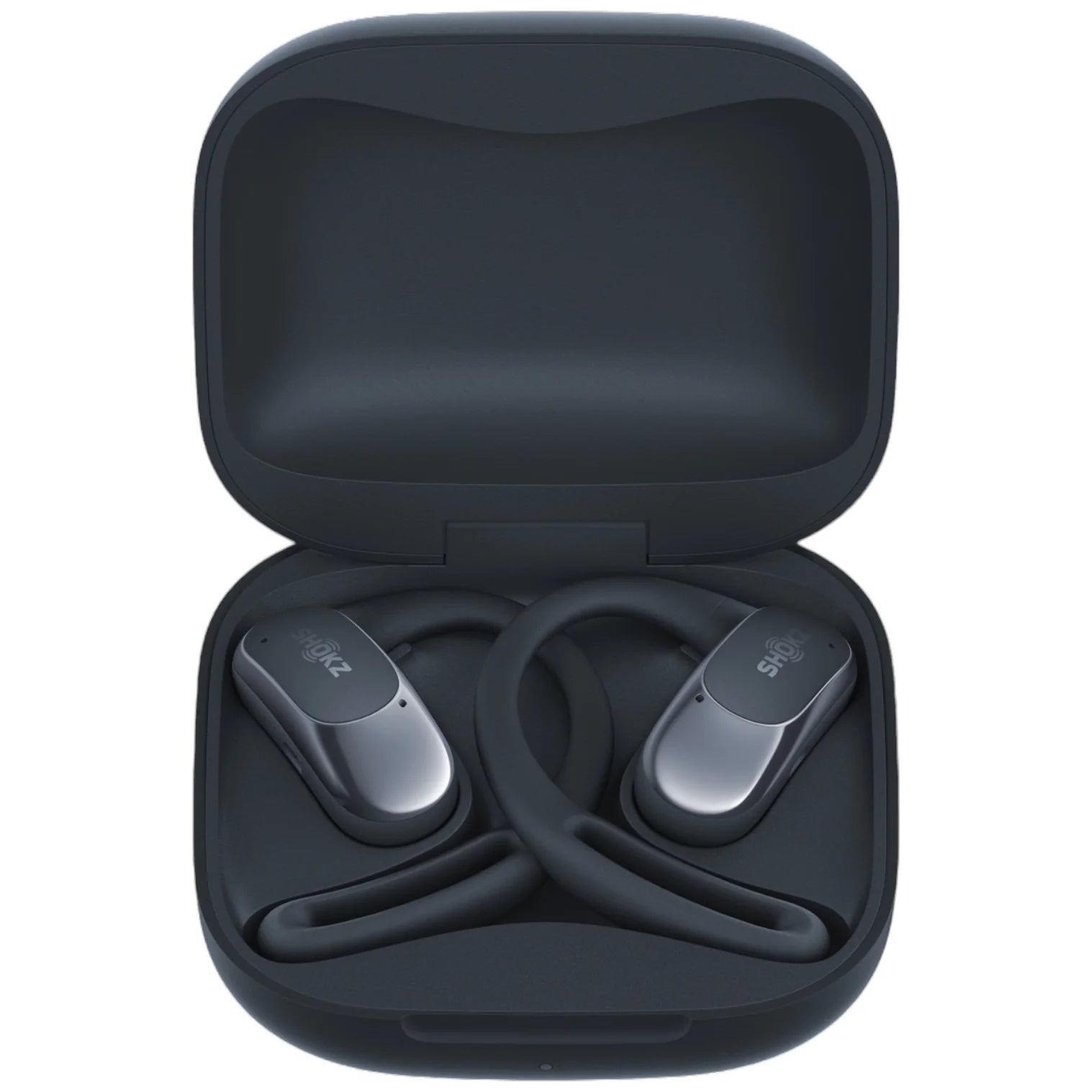 Black wireless earbuds in a matching case on a white background