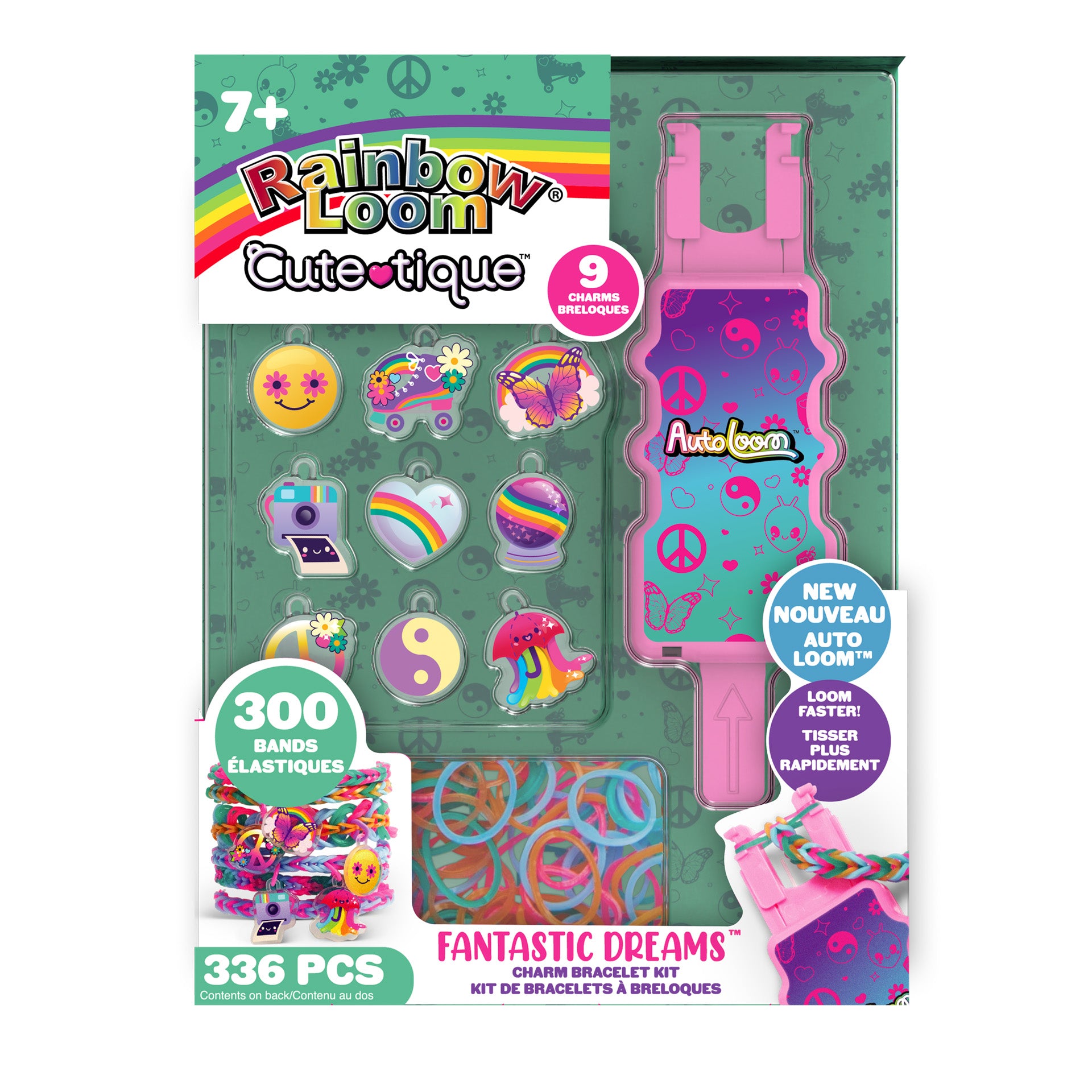 Rainbow Loom Cuteotique packaging with loom and charms on a white background