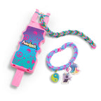Colorful bracelet with a braided design and charm attached to a pink and blue case on a white background