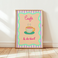 Caife le do thoil Irish wall print in bold colours. A4 art for kitchens or coffee corners. Gaeilge gift for coffee lovers.