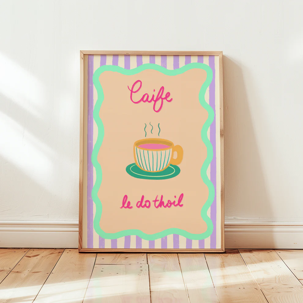 Caife le do thoil Irish wall print in bold colours. A4 art for kitchens or coffee corners. Gaeilge gift for coffee lovers.