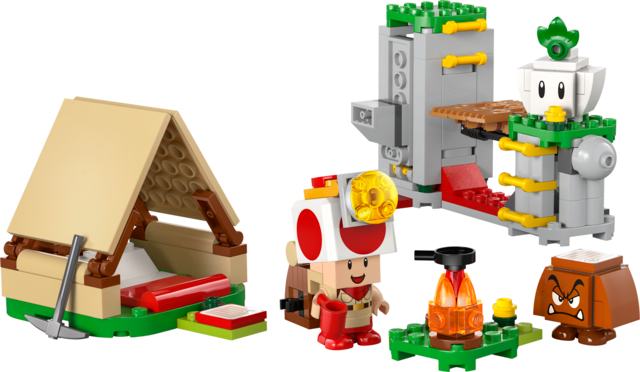 LEGO Super Mario Captain Toad’s Camp set (72040) with Captain Toad figure, tent with bonfire, collapsing bridge, treasure chest, Goomba, turnip, backpack and pickaxe accessories