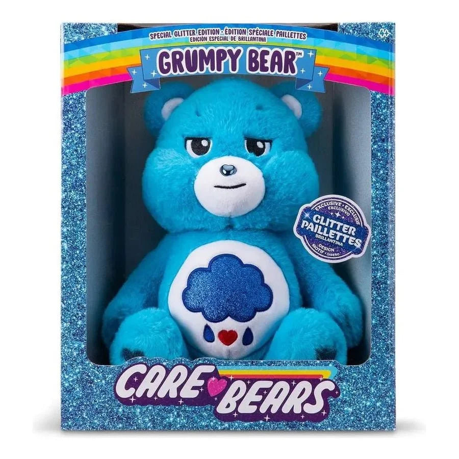 Blue plush bear toy in a glittery box with 'Care Bears' branding