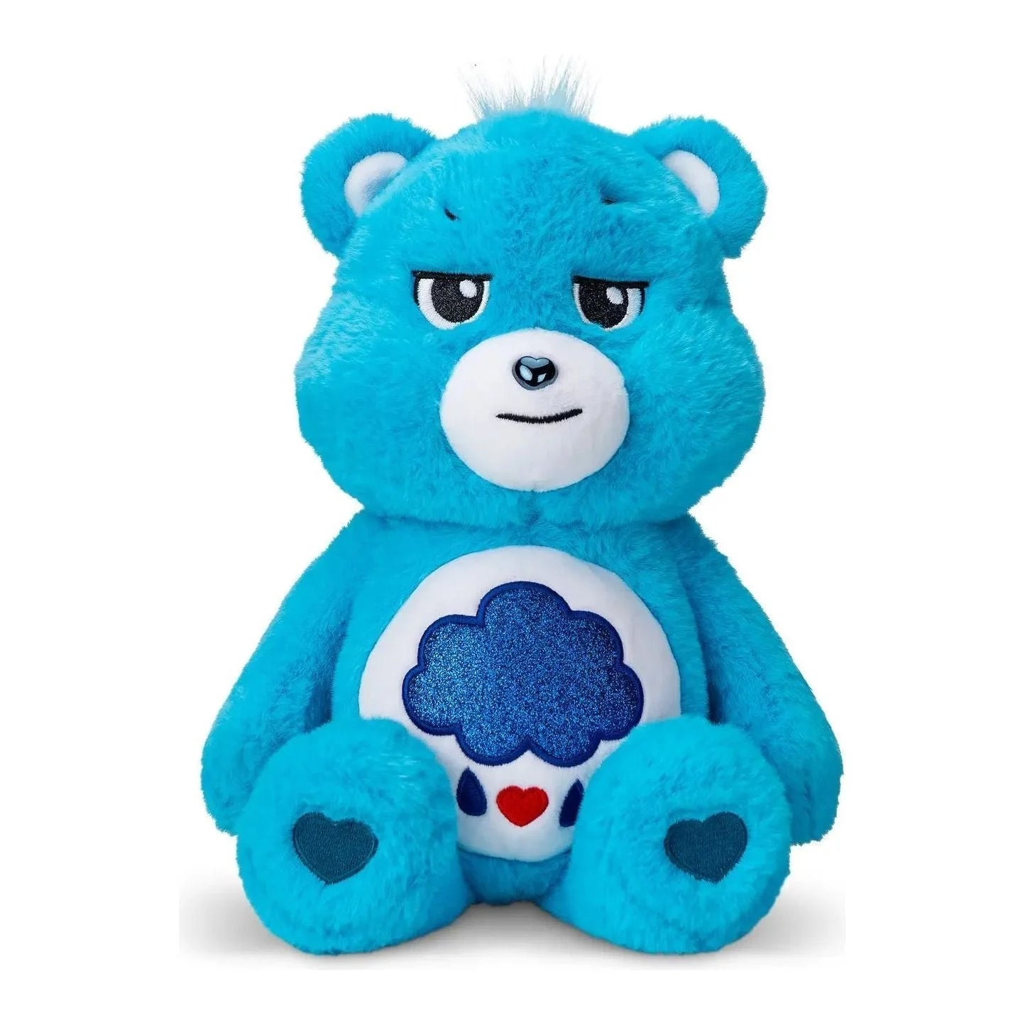 Blue plush bear toy with a white belly featuring a blue cloud and red heart on a white background