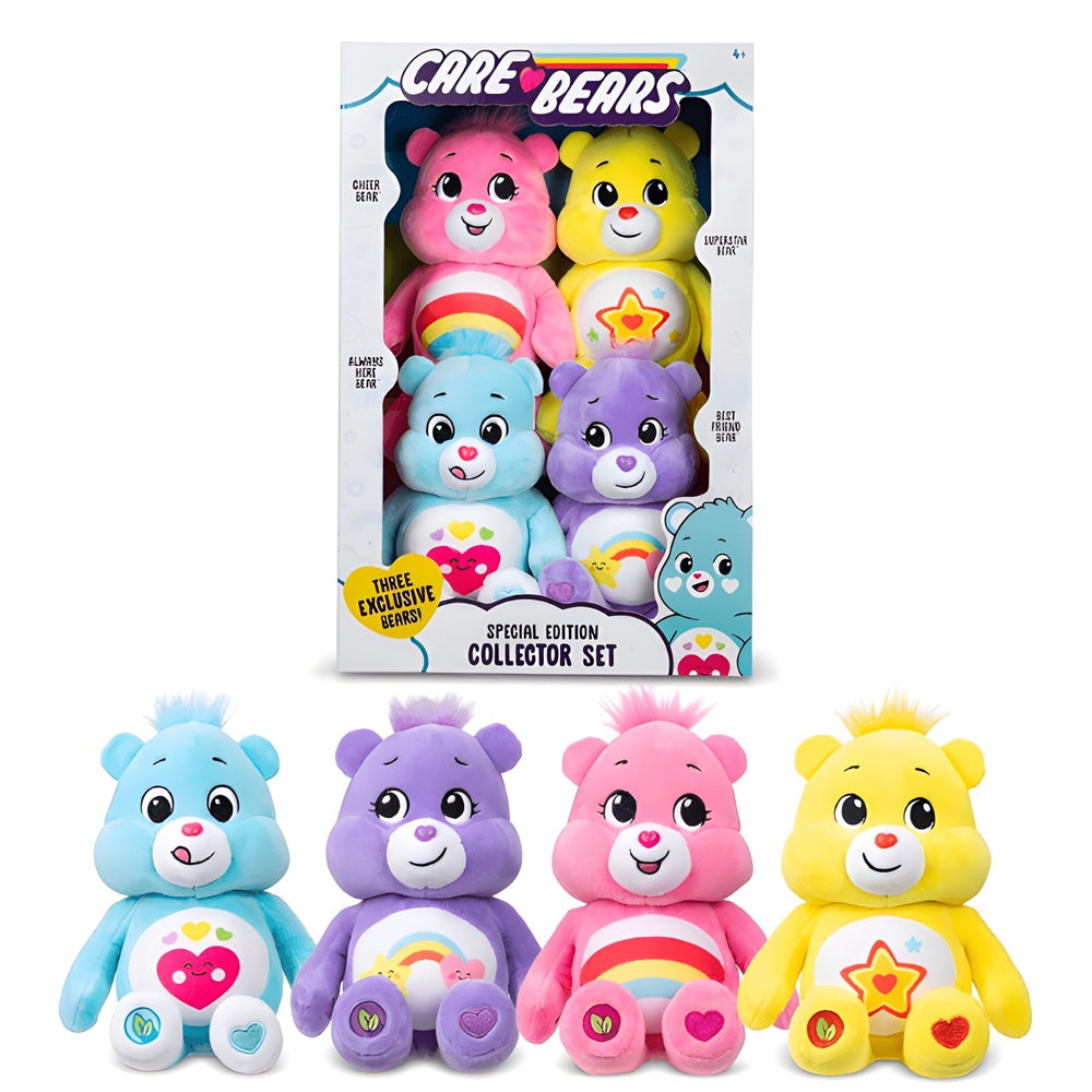 Set of Care Bears plush toys with their packaging on a white background
