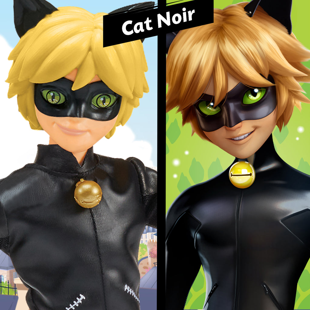 Cat Noir action figure with a split background showing an outdoor scene and a green field.