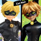 Cat Noir action figure with a split background showing an outdoor scene and a green field.