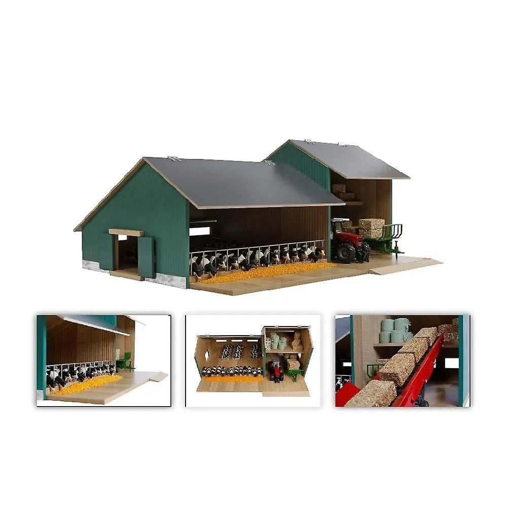 Model farm building with detailed interior and exterior views on a white background
