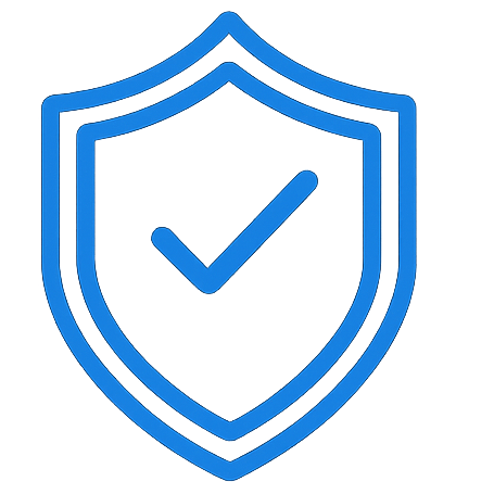 A blue outline shield icon with a checkmark inside, centered on a plain white background.
