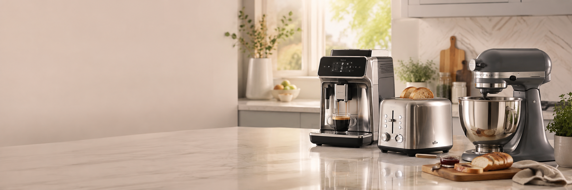 A countertop kitchen scene showing a coffee machine, a stainless steel toaster, and a stand mixer with a bowl, arranged on a light marble surface in a bright kitchen.