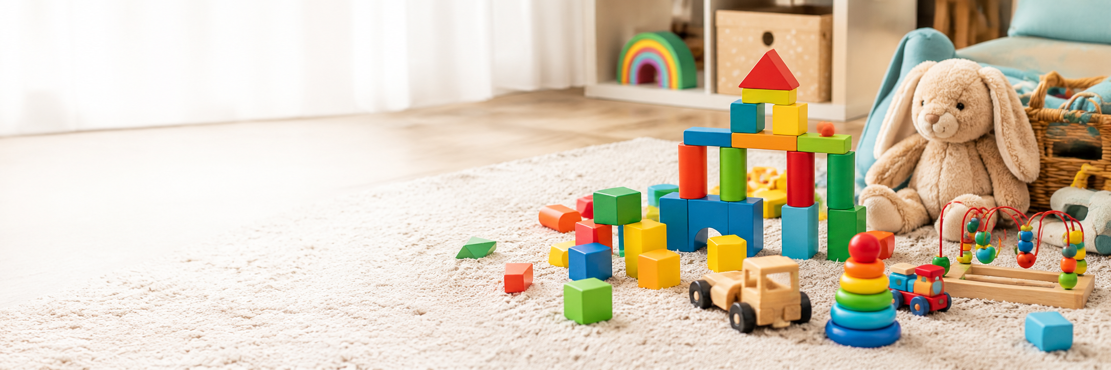 A collection of colorful children's building blocks, stacking rings, a wooden toy car, and a plush bunny stuffed animal arranged on a light beige carpet in a bright room.