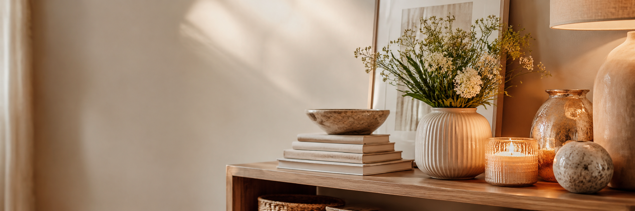 A styled interior scene showing a wooden console table with a ribbed ceramic vase holding dried flowers, stacked books, a bowl, candles, and other home decor against a warm beige wall.