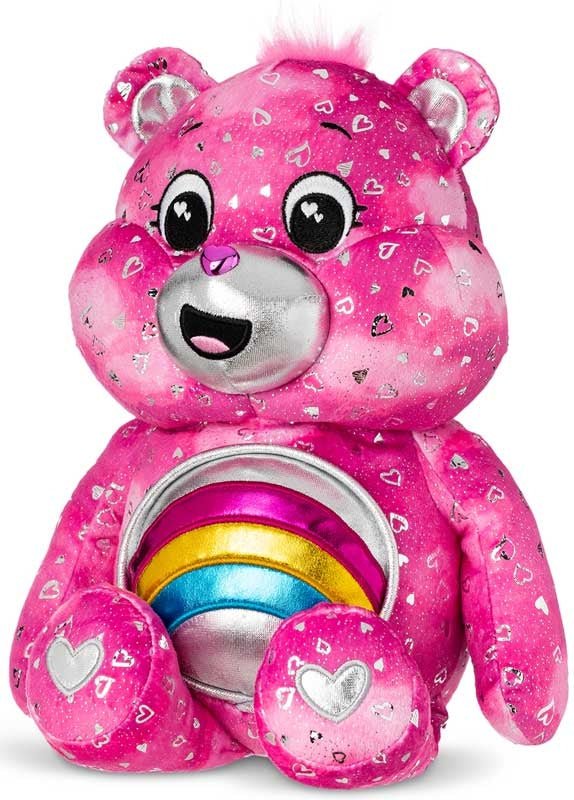 Pink teddy bear toy with a colorful ring inside on a white background