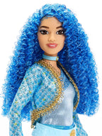 Doll with blue hair and a blue and gold outfit on a white background