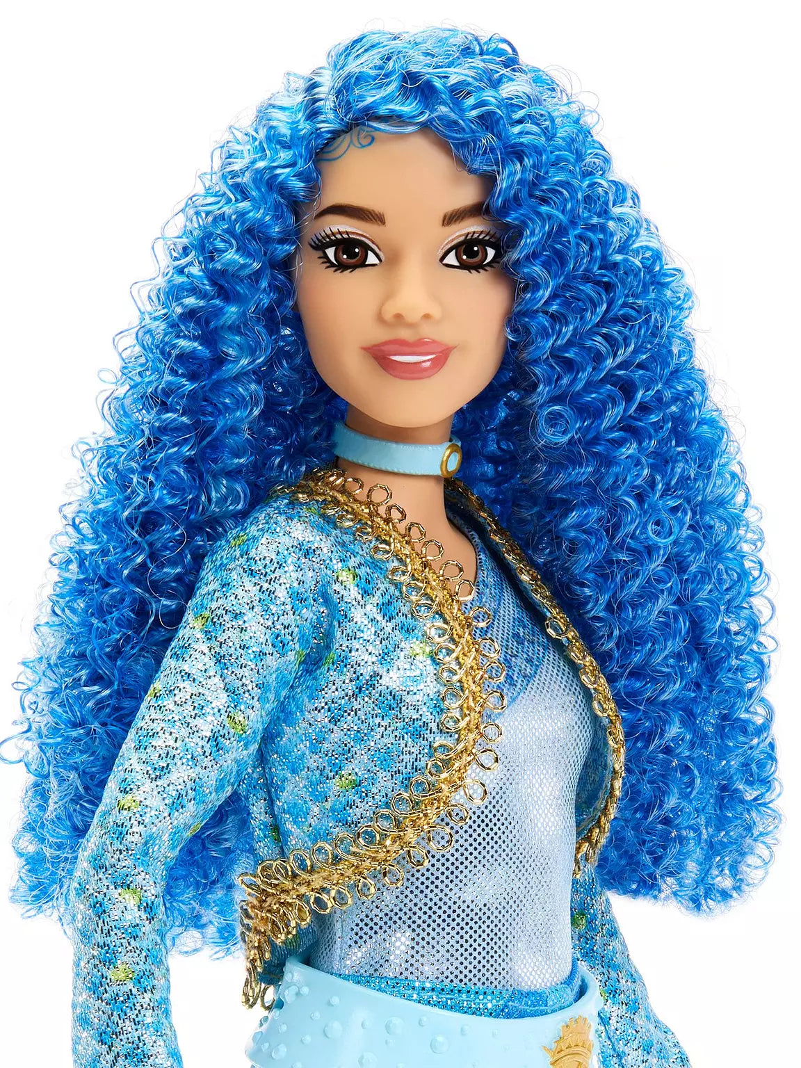 Doll with blue hair and a blue and gold outfit on a white background