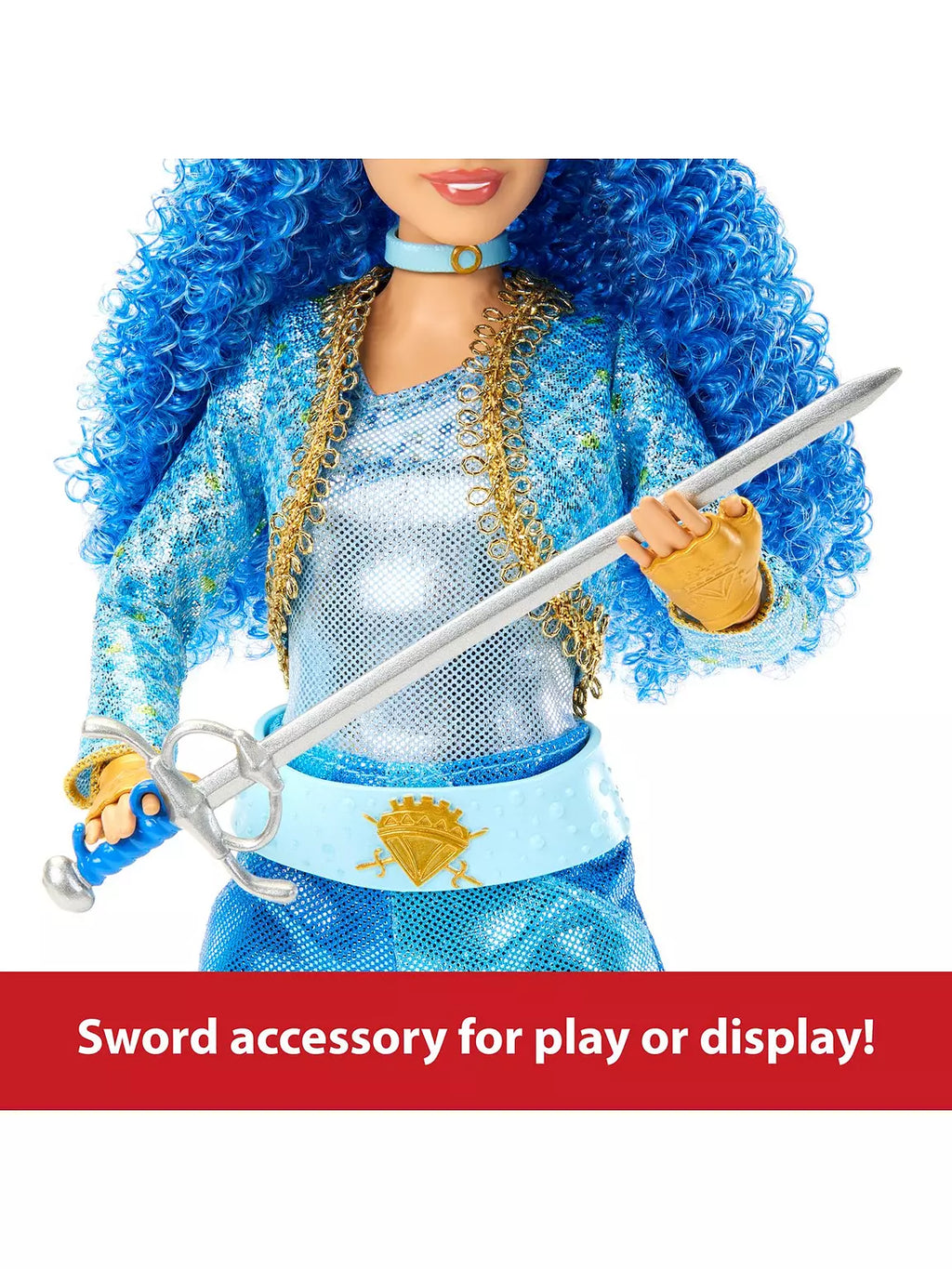 chloe charmingl with blue hair and outfit holding a sword on a white background