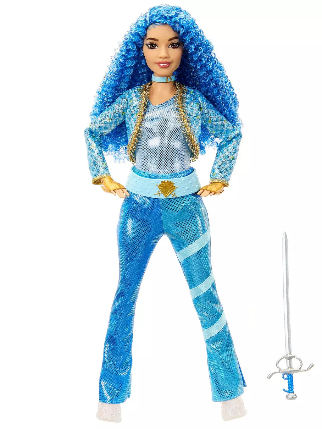 Toy doll with blue hair and outfit, holding a sword on a white background