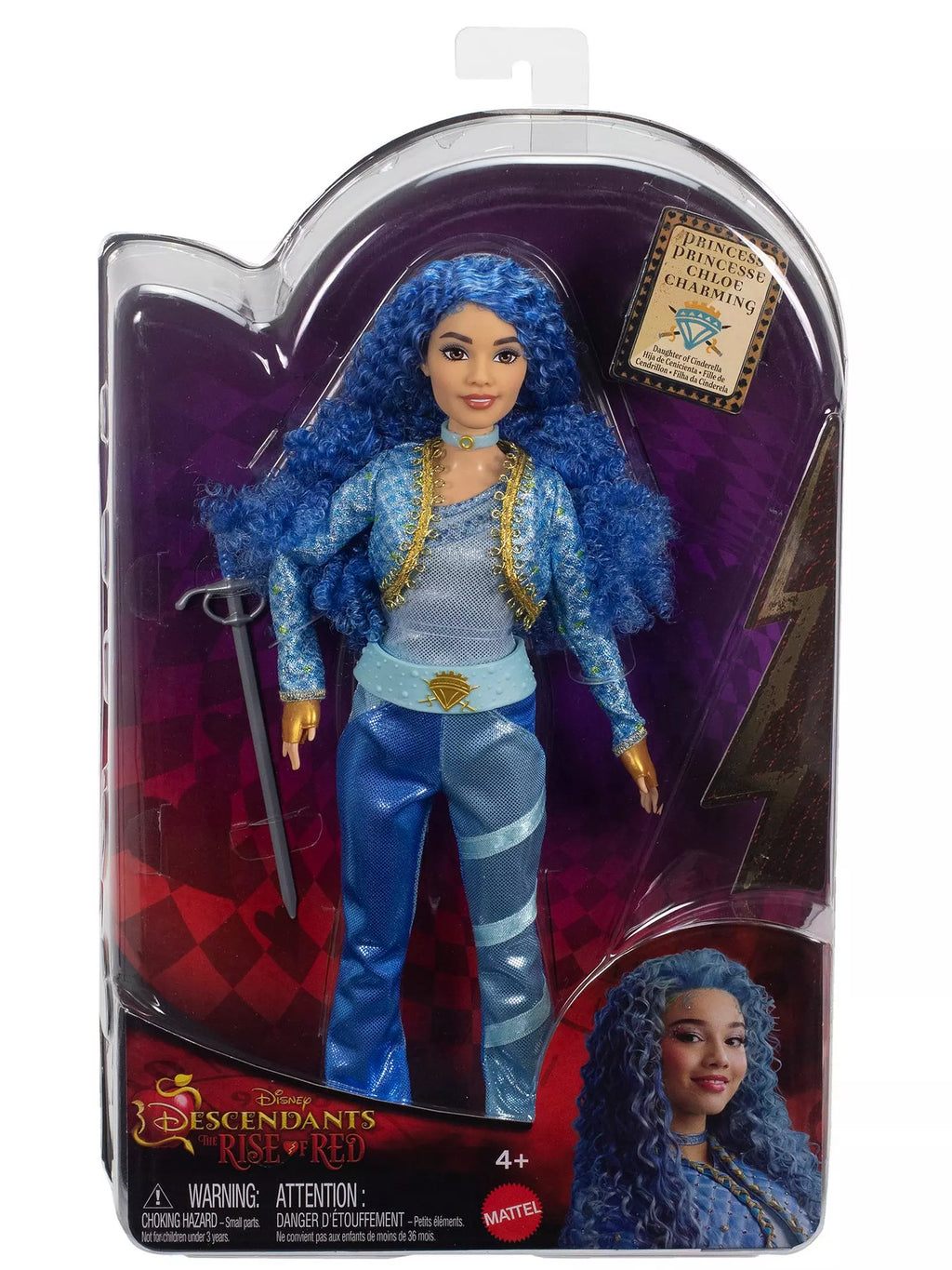 Toy doll with blue hair and outfit in packaging, featuring Disney Descendants branding.