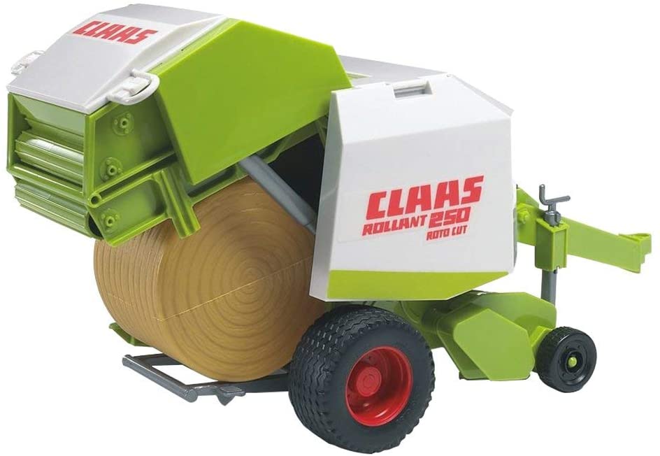 A Bruder Claas Round Baler toy, featuring a green and gray baler with a bale of hay attached, and red and black wheels and accents.