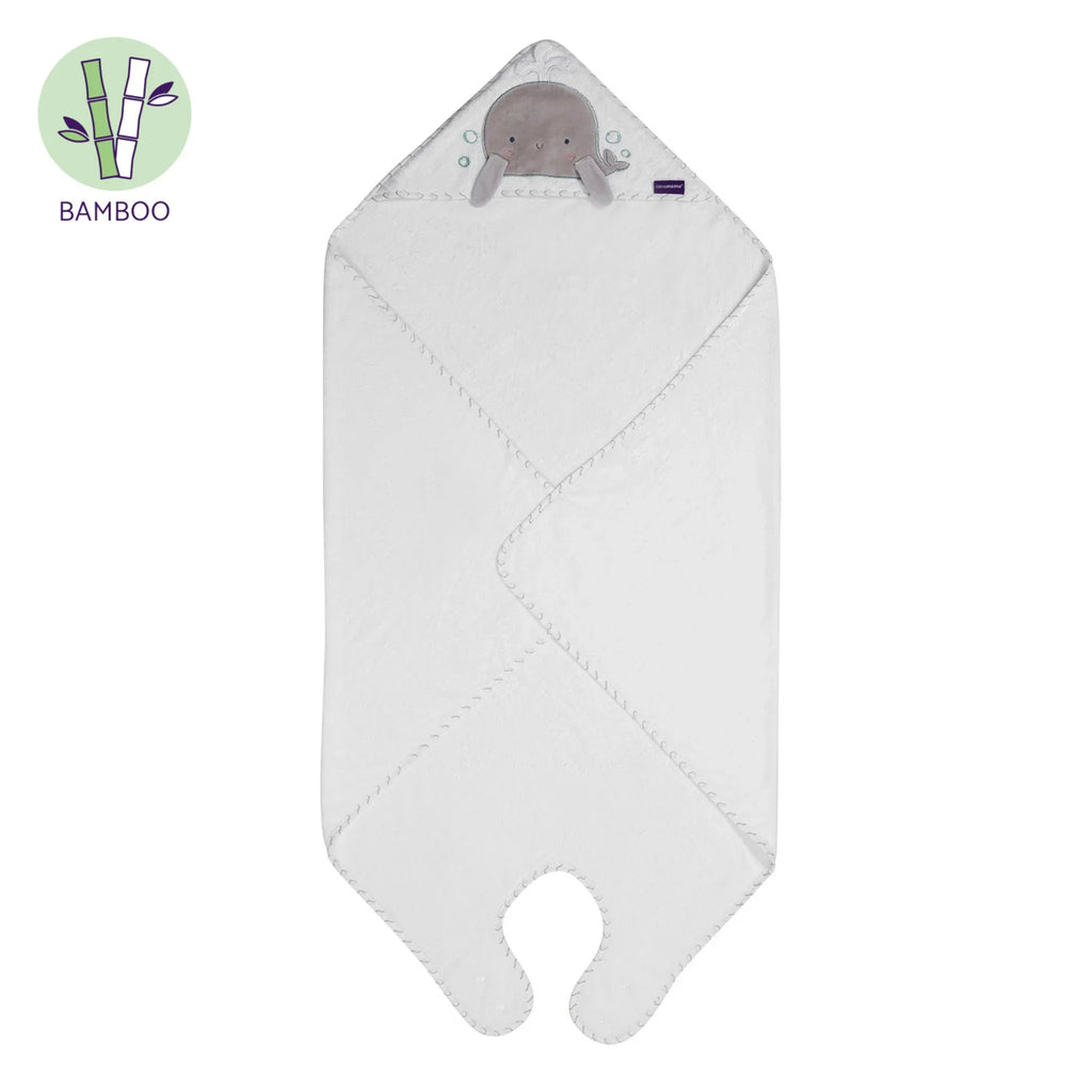 A white bamboo baby swaddle blanket with a hood featuring a small gray elephant plush, shown on a white background with a bamboo logo in the top-left corner.