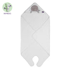 A white bamboo baby swaddle blanket with a hood featuring a small gray elephant plush, shown on a white background with a bamboo logo in the top-left corner.