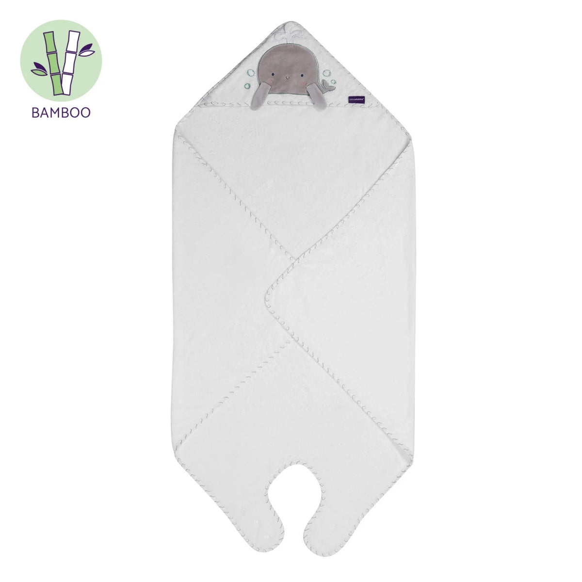 A white bamboo baby swaddle blanket with a hood featuring a small gray elephant plush, shown on a white background with a bamboo logo in the top-left corner.