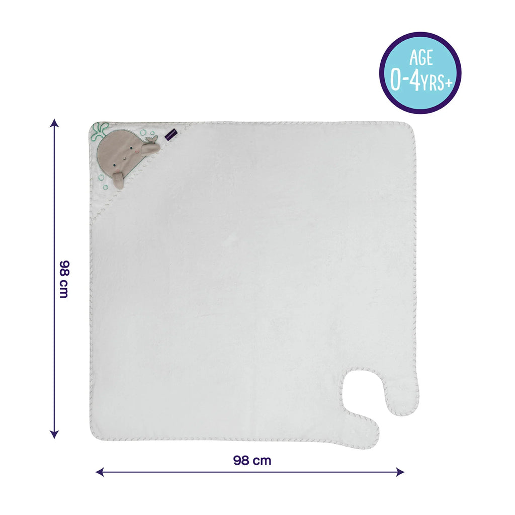 White cutting board with dimensions and a brand logo on a white background