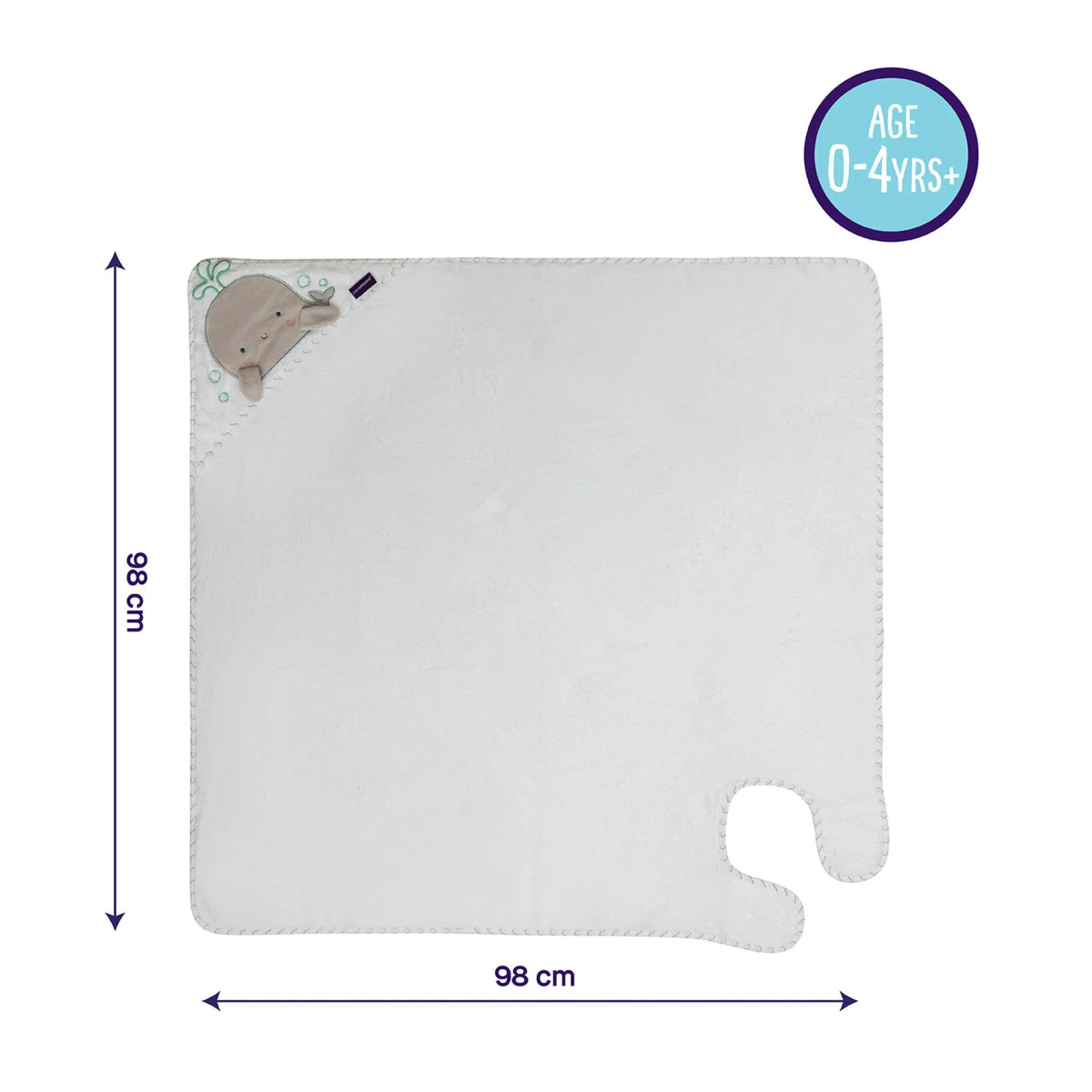 White cutting board with dimensions and a brand logo on a white background