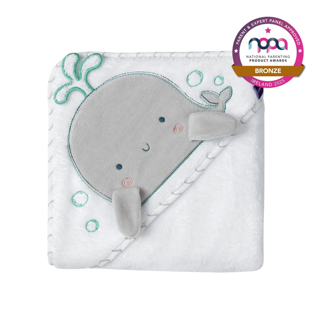 Baby blanket with whale design and NPPA award badge on a white background