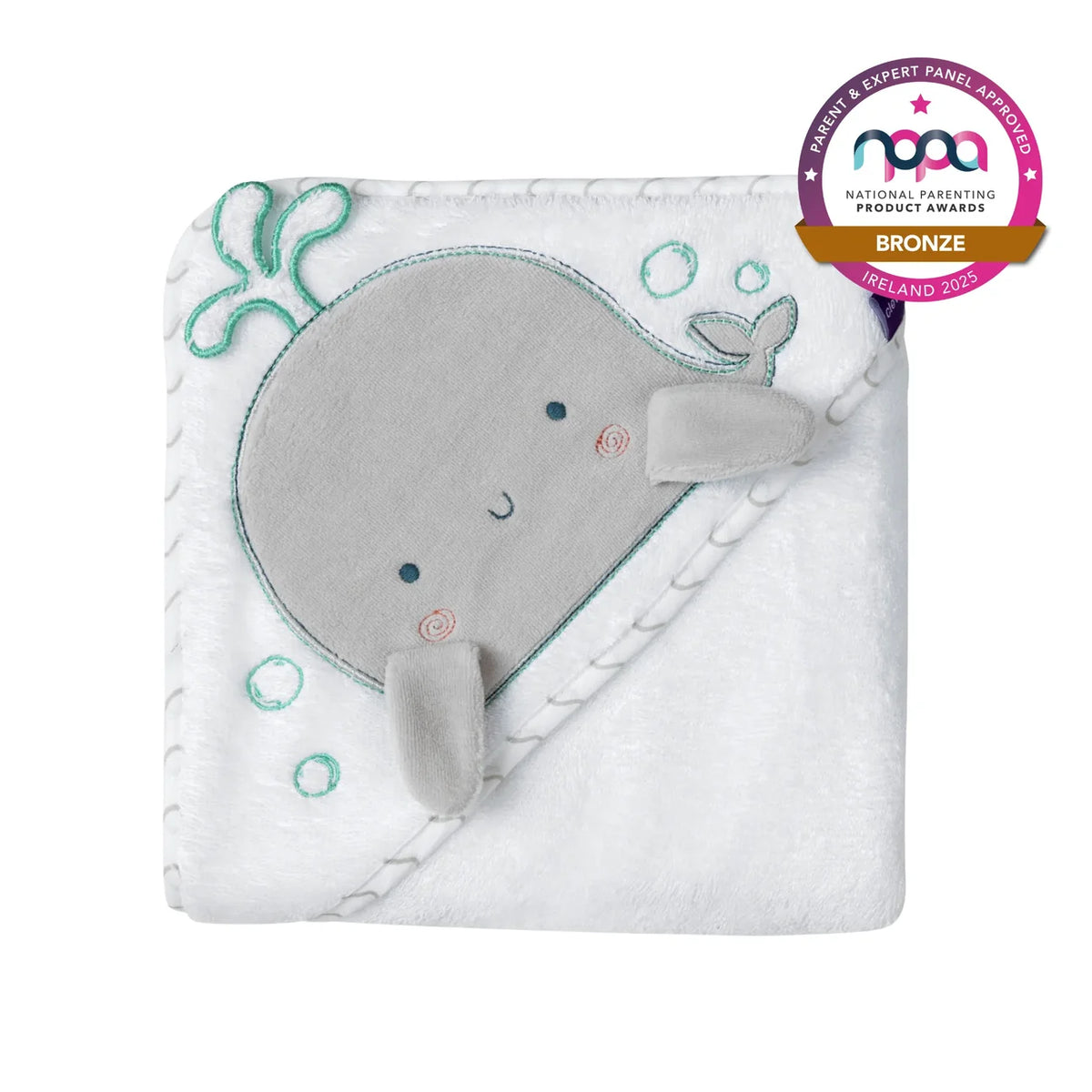 Baby blanket with whale design and NPPA award badge on a white background