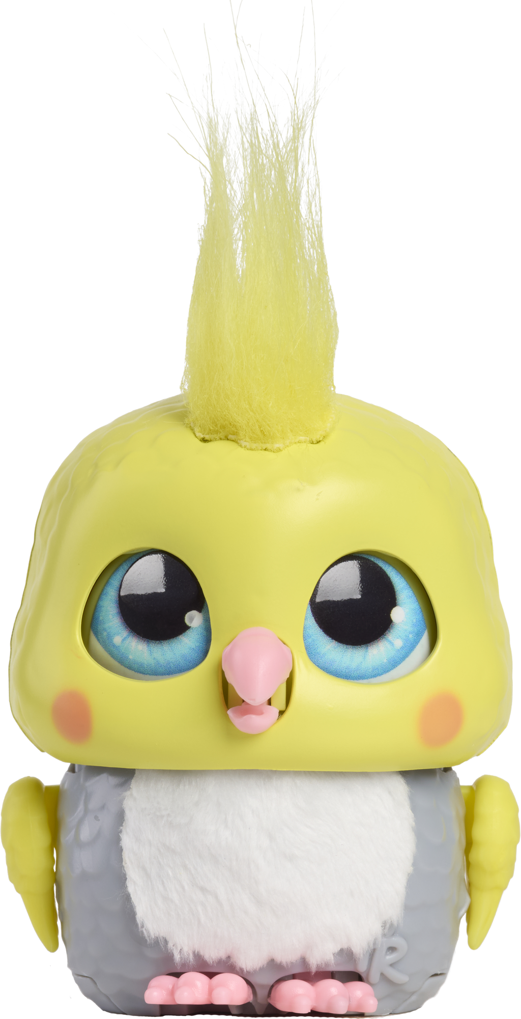 Toy figure with yellow hair and large eyes on a white background